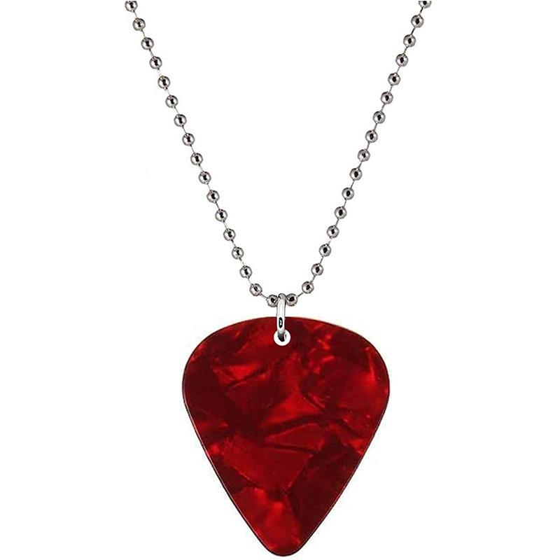 

Guitar Pick with Red Printed Design, Hellfire Stainless Steel Bead Chain with Peanut-shaped Clasp, Necklace Pearl Red
