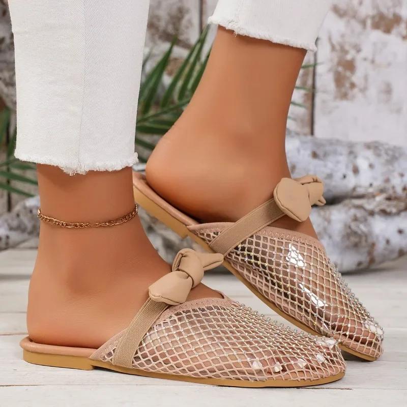Fashion Ladies Shoes On Sale 2025 Brand Women's Slippers Summer Closed Toe Solid Net Cloth Butterfly-knot Square Heels Casual Slippers