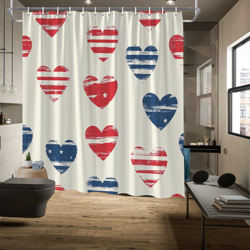 Vintage American Flag Hearts Shower Curtain, Patriotic Design on Beige, Fade-Resistant Polyester, Machine Washable, Bath Decor
