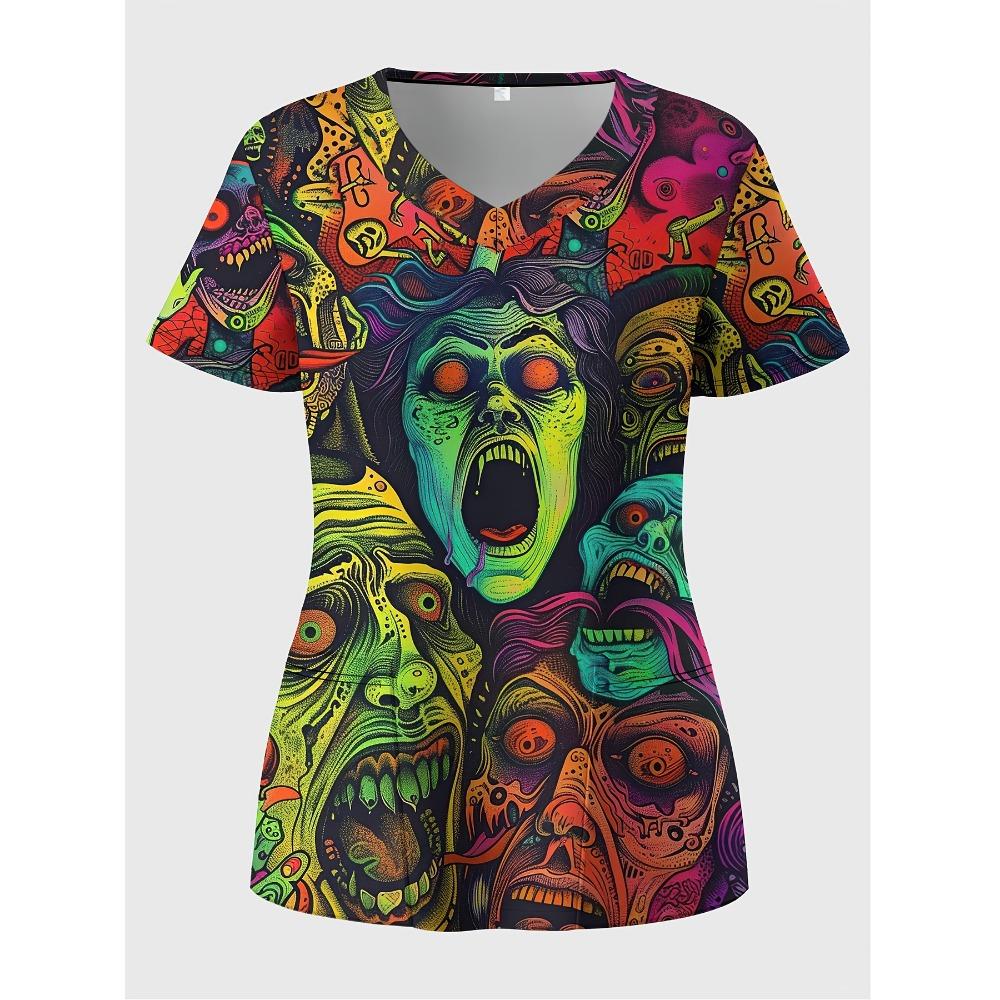 New Women's Scrubs - Valentine's Day 3D Heart Print V-Neck Work Uniform with Functional Patch Pockets Surgical Uniform Woman