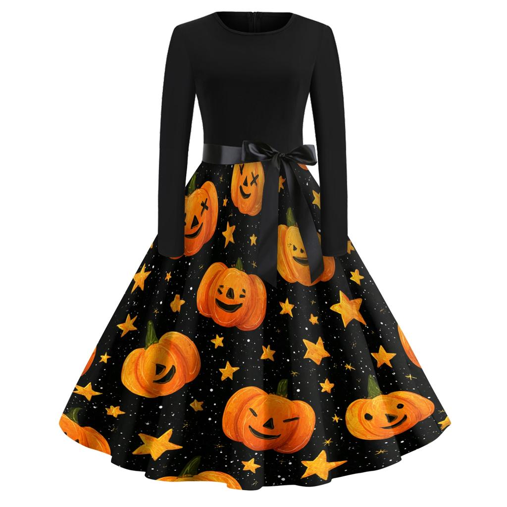 Women's Casual Vintage Halloween Print Dress Long Sleeve Round Neck Retro Style Midi Dress with Waist Tie for Everyday Wear