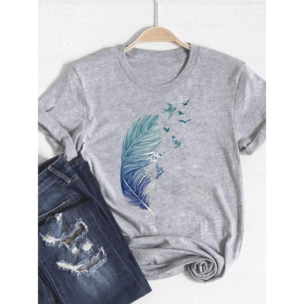Print T Shirt Short Sleeve Flower Vintage Cute 90s Summer Top Fashion Clothes Women Clothing Gray Basic Tee Graphic T-shirt