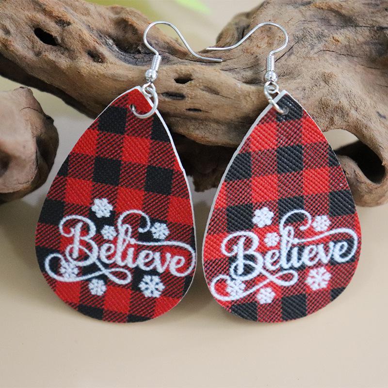 European & American Christmas Plaid Leather Earrings with Letter Print - Double-Sided PU Design.