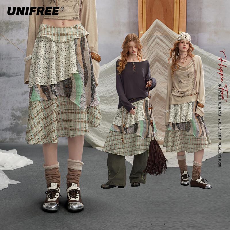 UNIFREE Retro Plaid Patchwork Irregular Hem Midi Skirt L