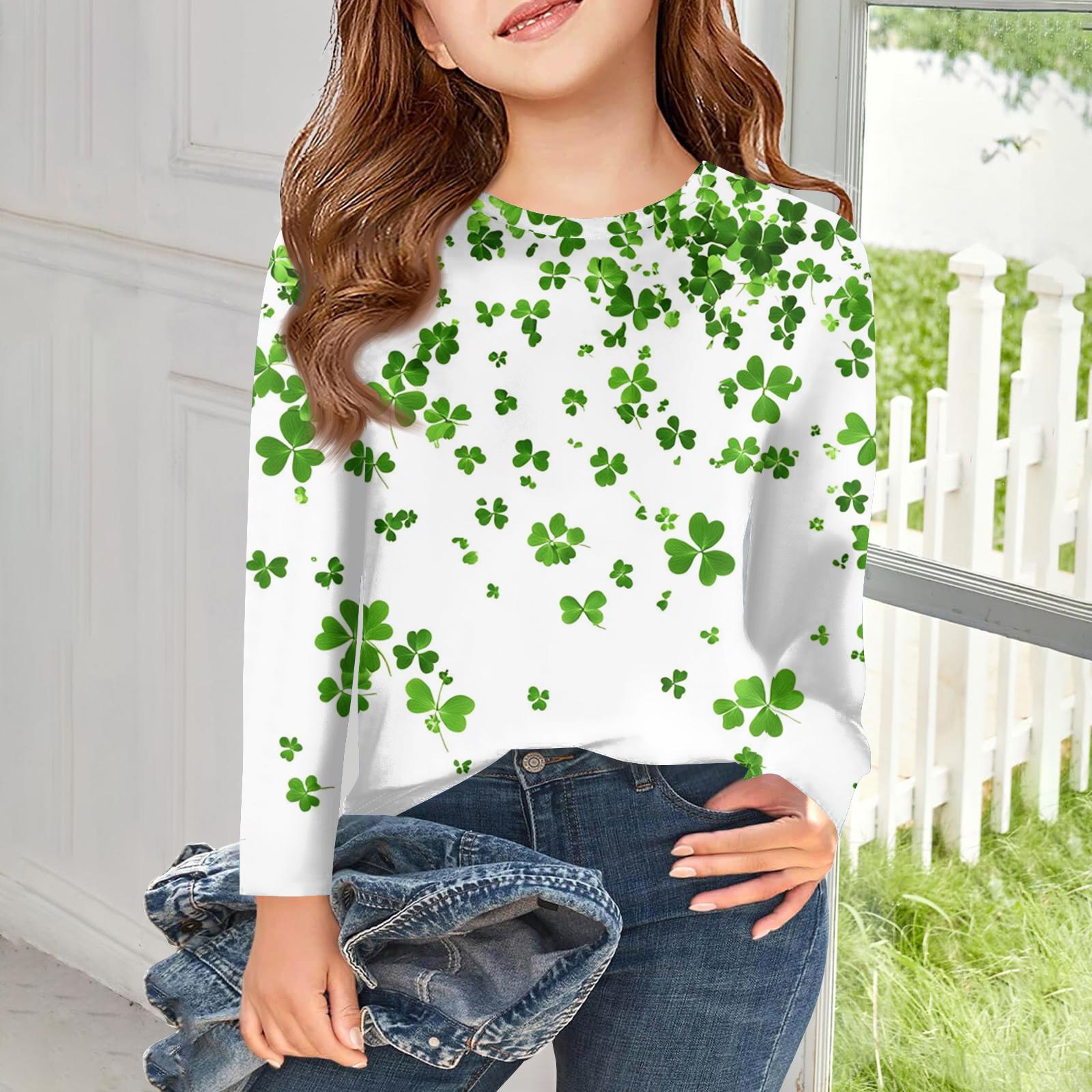 

Футболки с длинным рукавом для девочек, детские осенние топы, базовые футболки с принтом и круглым вырезом, День святого Патрика 160 белый