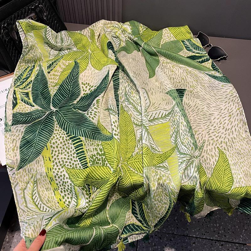 Winter Green Branch Floral Tassel Viscose Shawls Scarf Lady High Quality Thick Wrap Beach Stole Bufandas Muslim Hijab 180*90Cm