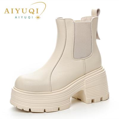 Fashion AIYUQI Women Ankle Boots Genuine Leather 9cm Heel High Boots Women Platform High Heel British Style Women Chelsea Booties