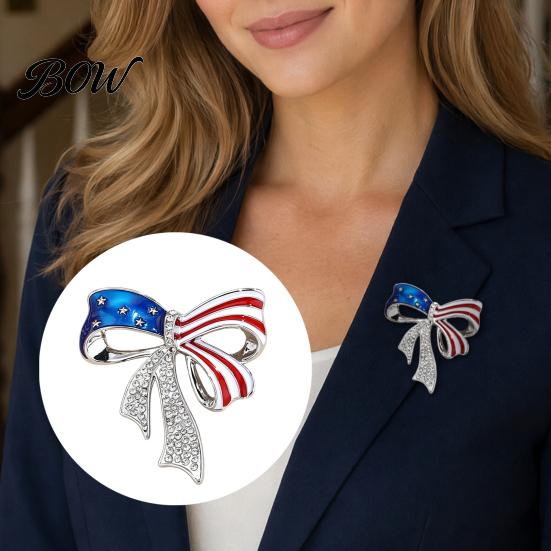 Electroplated Bow Pin Independence Day Brooch Pin, Patriotic Rhinestone Lapel Sweater Long-lasting Alloy Cardigan Coat Suit Jewelry