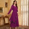 Muslim Dress Purple V-neck Double Layer Chiffon Sequins Irregular Slim Dress