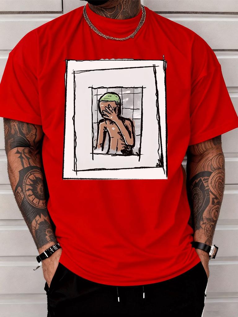 en Summer Cotton Tshirt Abstract Sketch Unisex Behind Window Frame Graphic Tee Hip Hop Streetwear Casual Short Sleeve Fashion Top