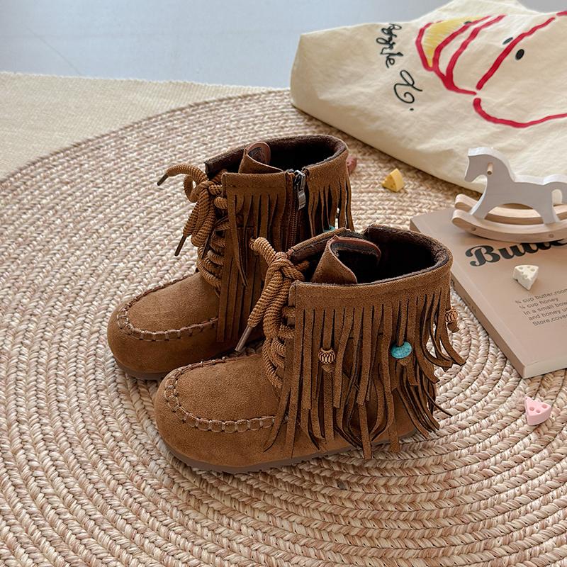 

Kids Short Boots Ethnic Style Girls Princess Boots Versatile Winter Children Casual Boots Suede Warm 36 коричневий