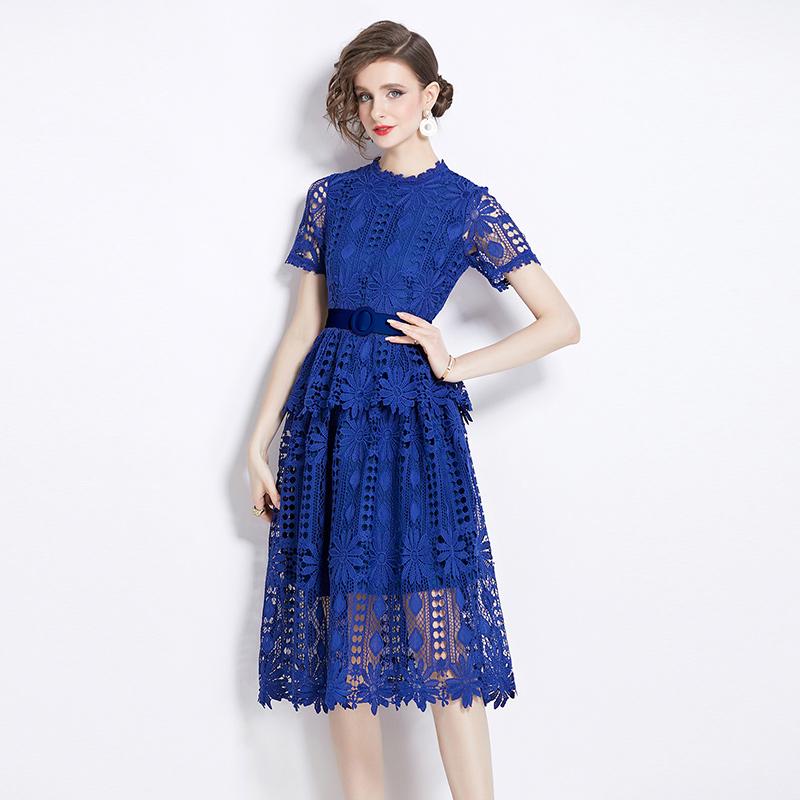 

Элегантное женское однотонное ажурное вышитое кружевное летнее платье для женщин 2024 года, винтажное офисное женское платье с коротким рукавом, длина миди XXL синий
