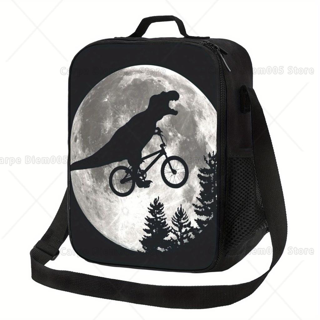 1pc Dinosaur Bike Moon Insulated Lunch Bag - Reusable Bento Tote with 2D Flat Printing, Durable Polyester, Non-Food Contact
