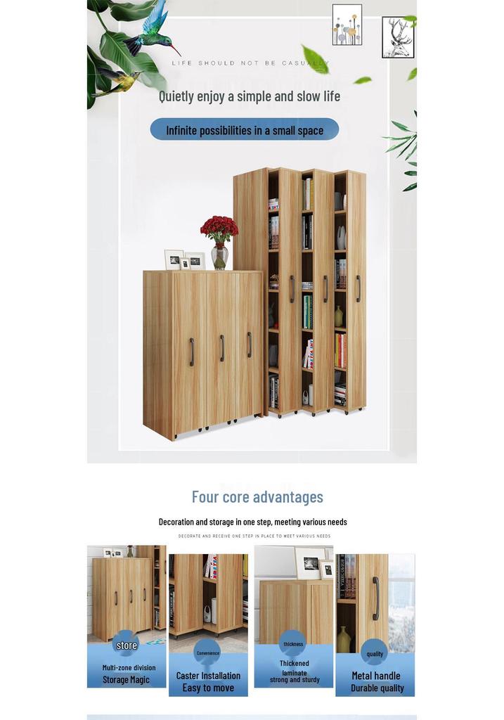 Compact Sliding Dustproof Bookshelf with Wheels and Hidden Gap Storage