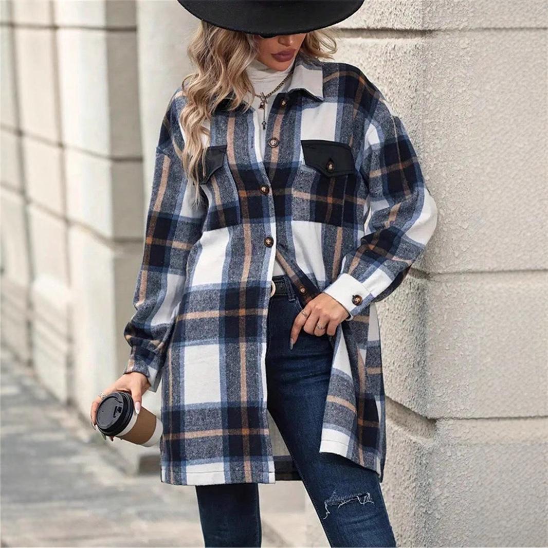 

Retro Plaid Mid-Length Coat - Women s Loose Fit, Long Sleeve, Lapel Jacket with Pockets. Perfect for Spring, Autumn, and Winter Wear. Small