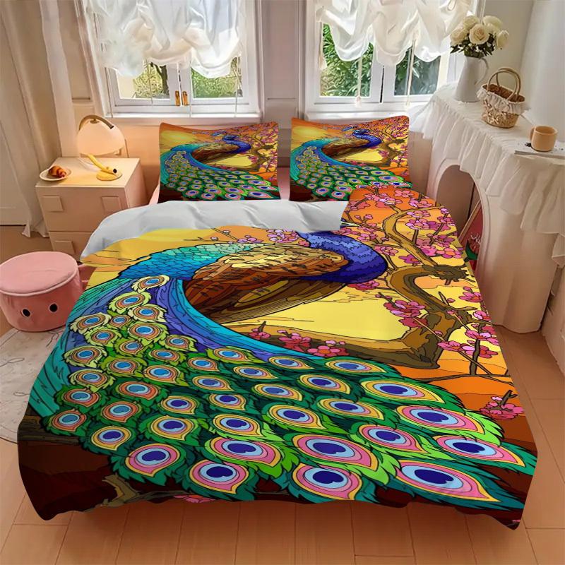 3pcs Peacock Feather Duvet Cover Set - Includes 1 Duvet Cover and 2 Pillowcases, No Quilt Core, All-Season Home Decor yy251111084