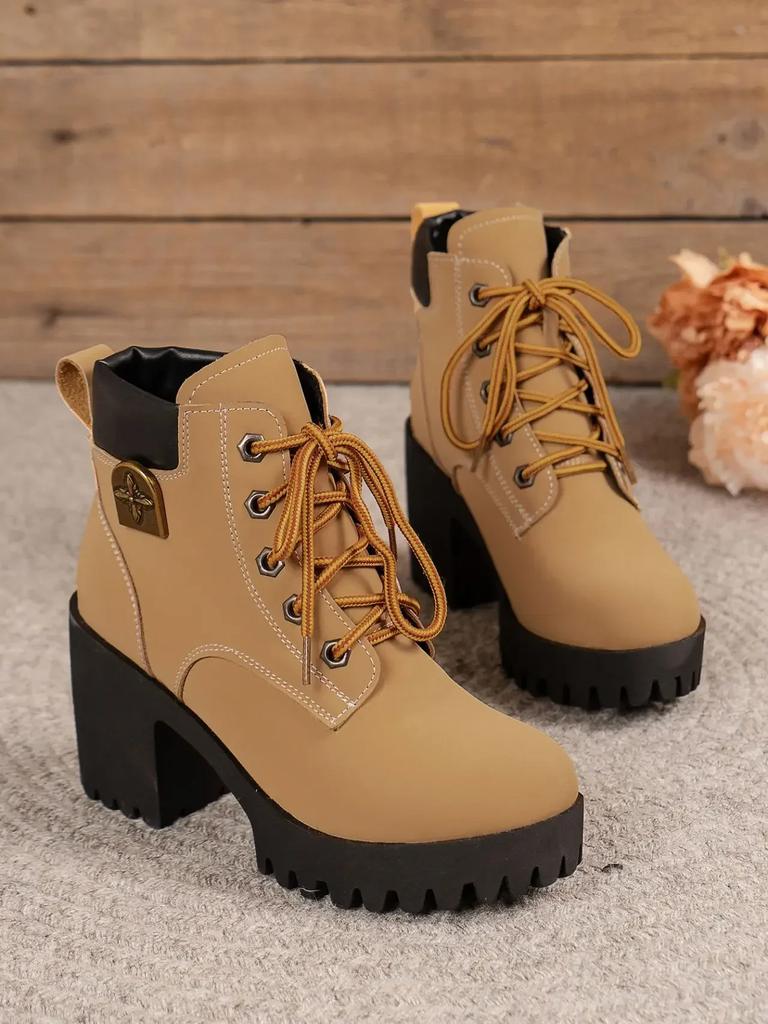 Fashion Women Retro Round Toe Chunky Heels Ankle Boots Autumn New High Heels Shoes Woman Lace Up Platform Short Booties Big Size 42