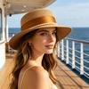 Women Sun Hat Breathable Wide Brim Flat Top French Style Straw Woven Hat with Ribbon Faux Pearls Decoration Summer Outdoor Hat