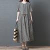 Summer New Literary Loose Splicing Cotton and Linen Plaid Round Neck Short-sleeved Dress Women's Medium and Long