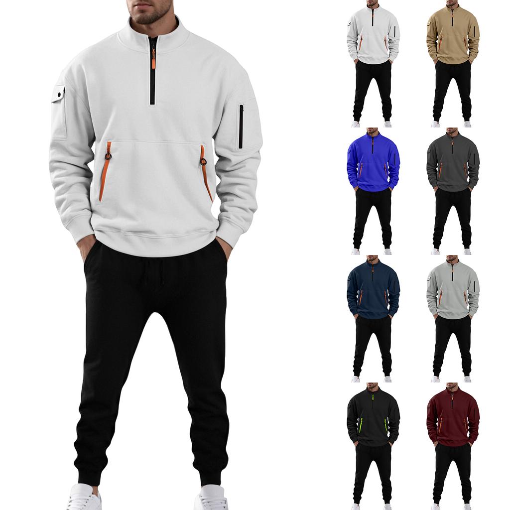 Men's Solid Color Casual Suit Loose Sports Stand Collar Sweatshirt With Pockets Multi Pocket Overalls Suit