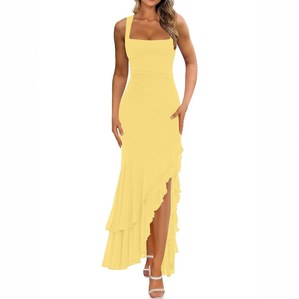 Women Sleeveless Elegant Long Dress Square Neck Ruffle Hem High Slit Formal Maxi Dress for Evening Party Events
