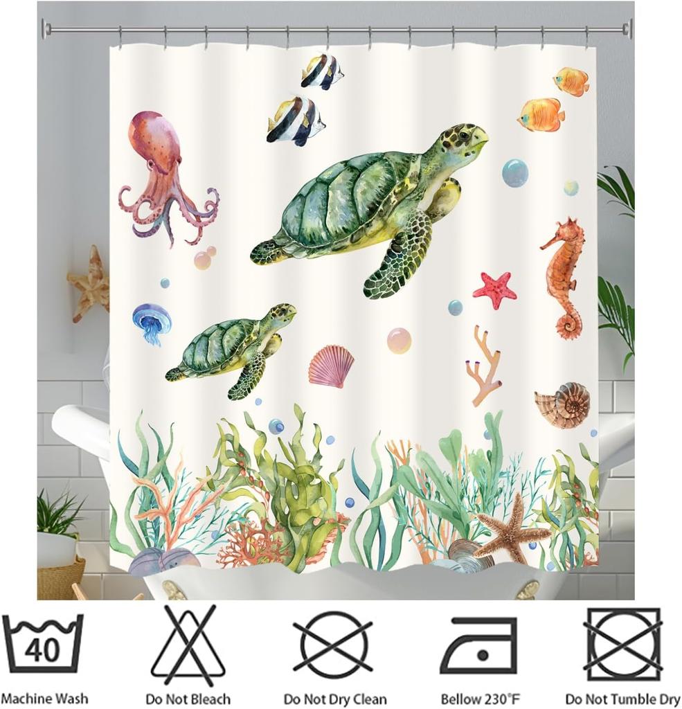 Cute Sea Turtle Shower Curtain Ocean Octopus Fish Shower Curtain For Bathroom Waterproof Fabric Bathroom Curtain With 12 Hooks