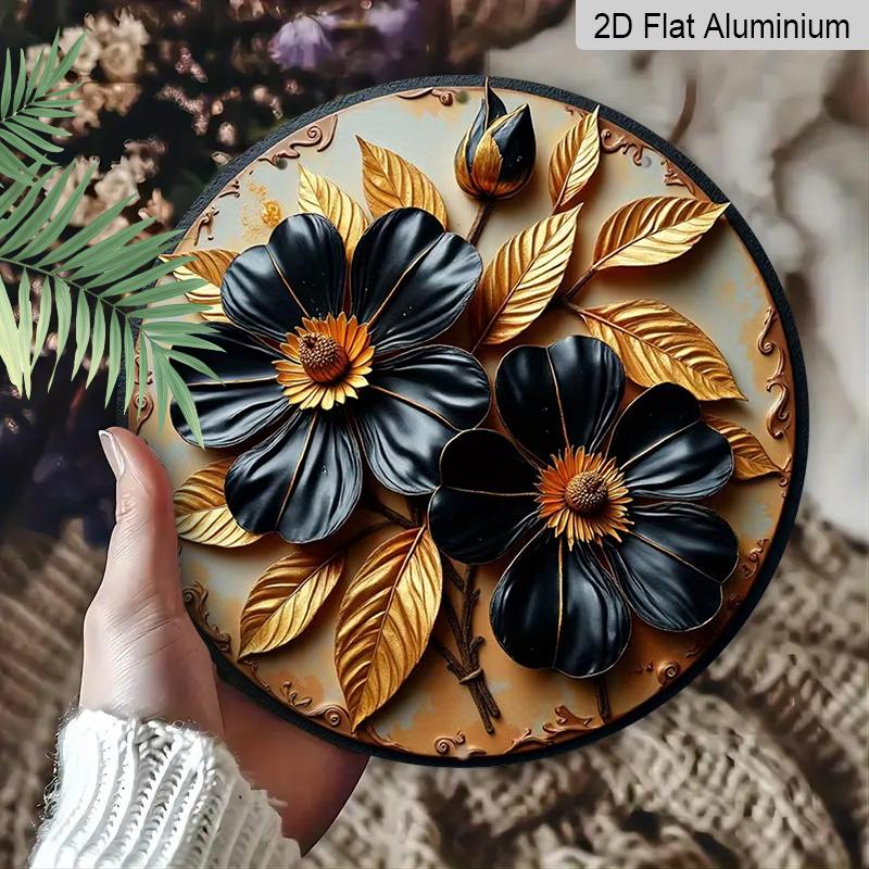 

2D Flat Aluminum Wall Art with Black Floral Design 7.87 Inches X 7.87 Inches Rustic Style Perfect for Gardens, Bars, Cafes, Parties, Front Doors 1pc