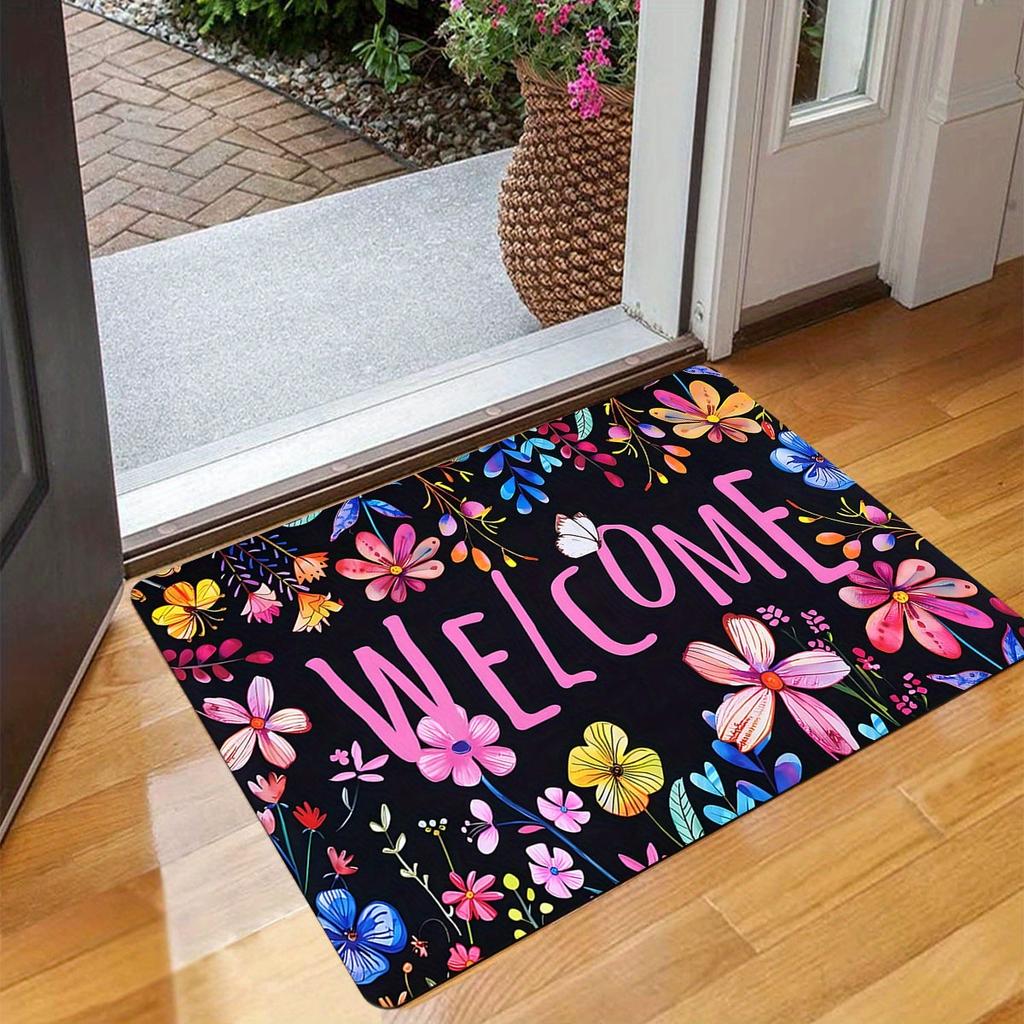 1Pcs Spring Flower Pattern Floor Mat Modern Kitchen Polyester Rug, Non-Slip Colorful Indoor Carpet, For Home Bathroom Bedroom Living Room Decor