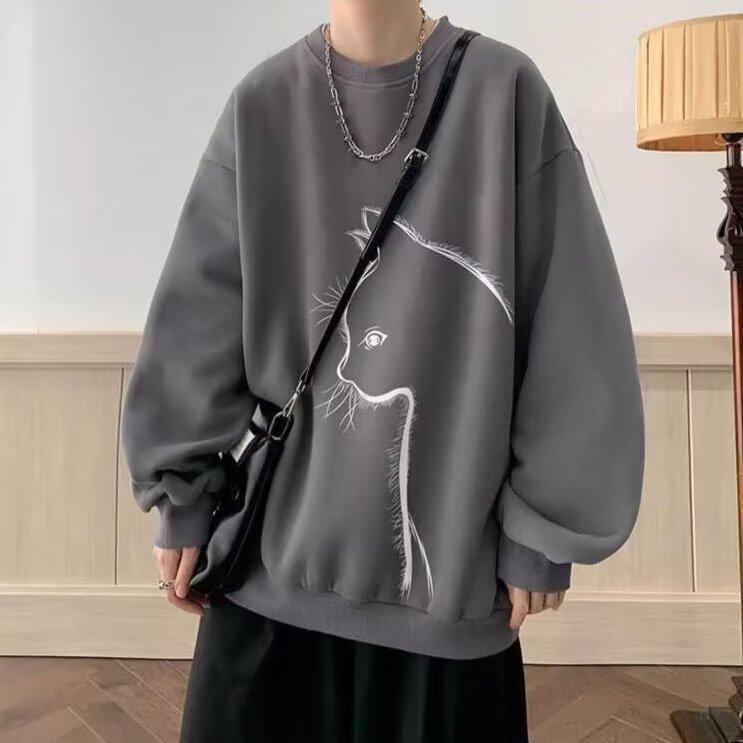 Men's Printed Hoodie Round Neck Hooded Sweatshirt Trendy Brand Casual Hoodies Loose Long Sleeved Pullover Base Shirt