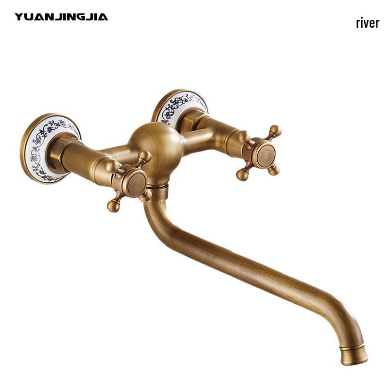 Retro French Copper Wall-Mounted Double Handle Faucet for Kitchen and Balcony.