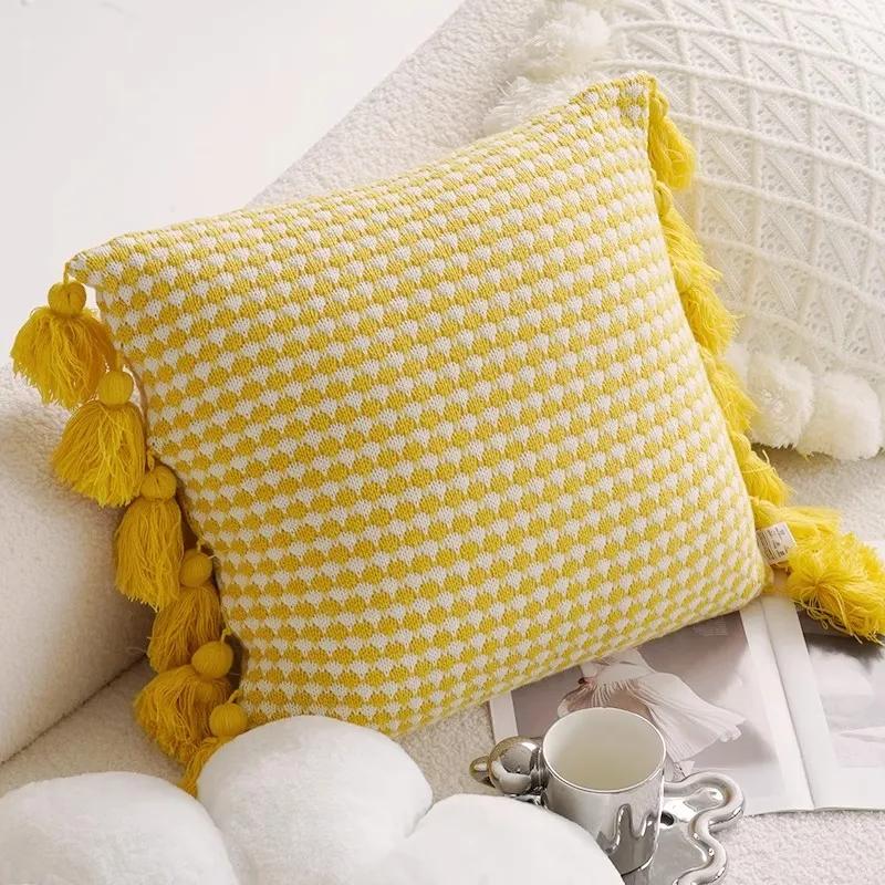 Home Decoration Knitting Cushion Cover Mint Green Tassel Pillowcover Modern Sofa Living Room Waist Pillow Bed Head Round Pillow