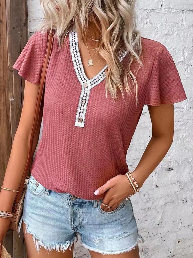 Women's Solid Color V Neck Waffle Panel Short Sleeve T-Shirt
