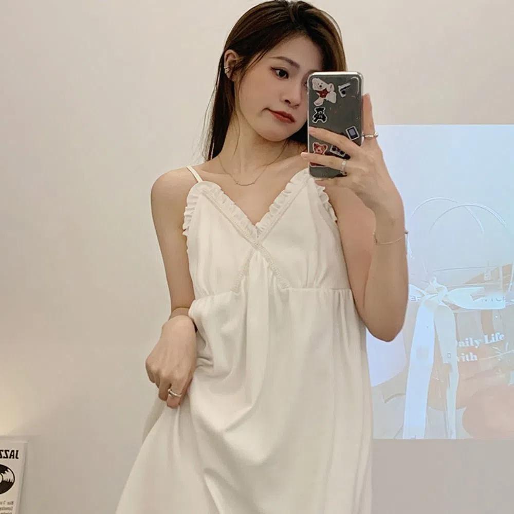 Sleeveless Women's Pajama Dress Ruffle Sling Nightgown Fashion Suspender Nightdress  Summer