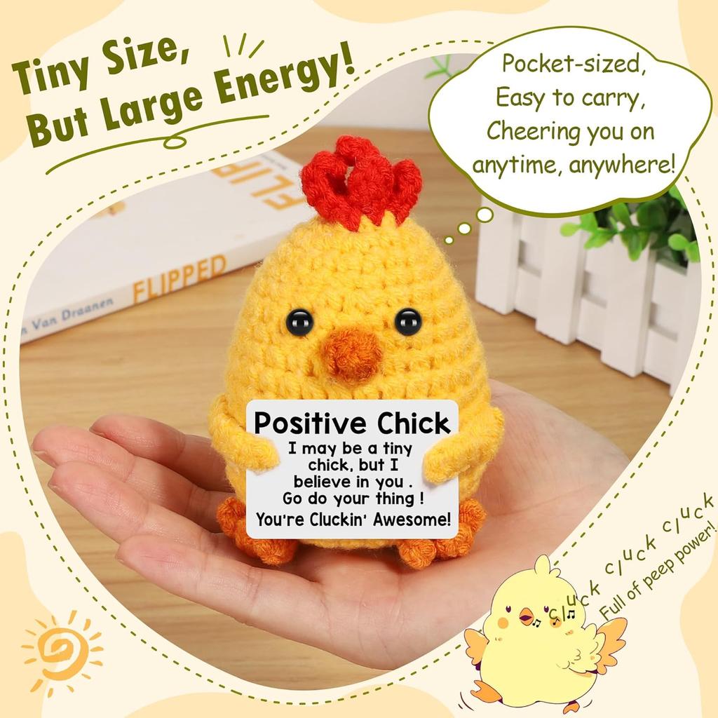 Ny Virkad Positiv Kycklingdocka Med Emotionellt Kort Hem Rumsdekoration Handgjord Ullstickad Kycklingprydnad Julklapp