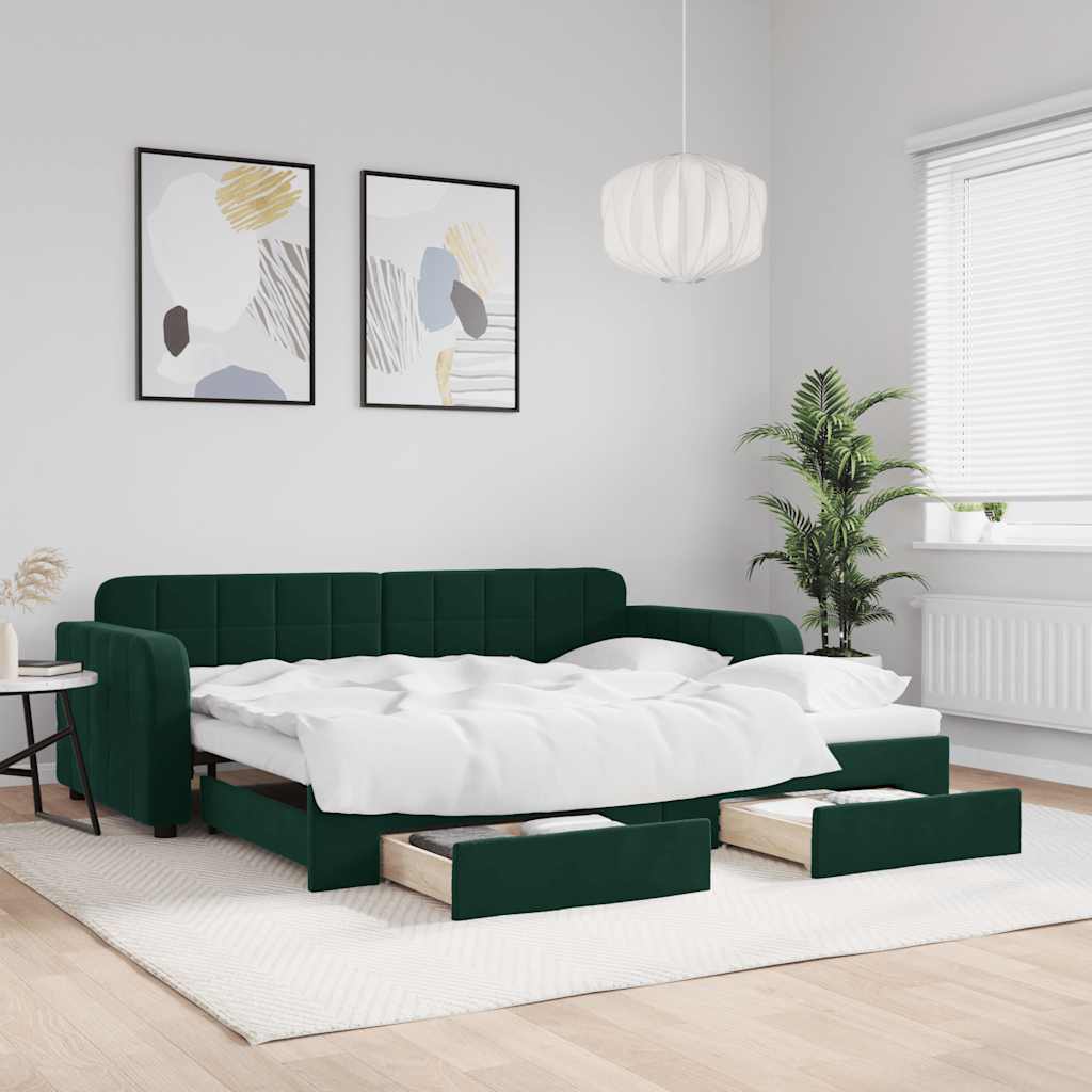 Extendable Daybed with Drawers Dark Green 90x200 Cm Velvet
