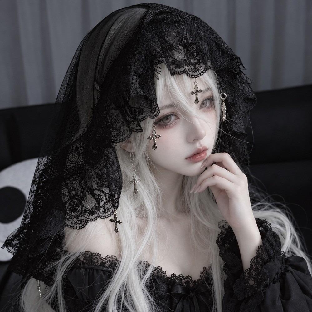 Black and White Lolita Tulle Head Cover Cross Pendant Lolita Lace Veil Y2K Wedding Veil Women