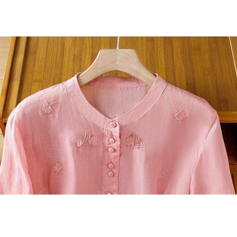 Retro Cotton and Linen Embroidered Shirt Women's Summer Western Style Thin Linen Small Shirt Three-quarter Sleeve Top
