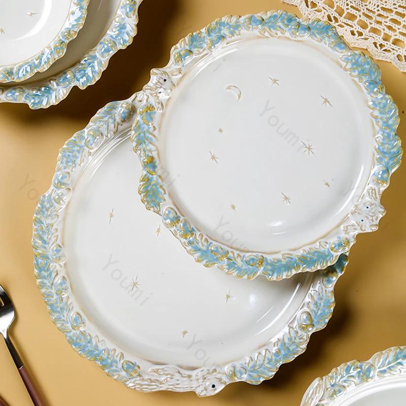 French Style Embossed Dining Plates Light Luxury Creative Ceramic Plate Set Desserts Salad Bowls Exquisite Household Tableware