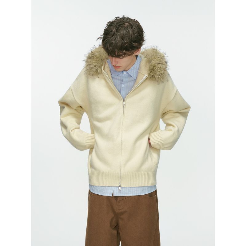 Dream Made American Style Detachable Fur Collar Hooded Cardigan Sweater Jacket Men's Autumn and Winter Couple Knitwear