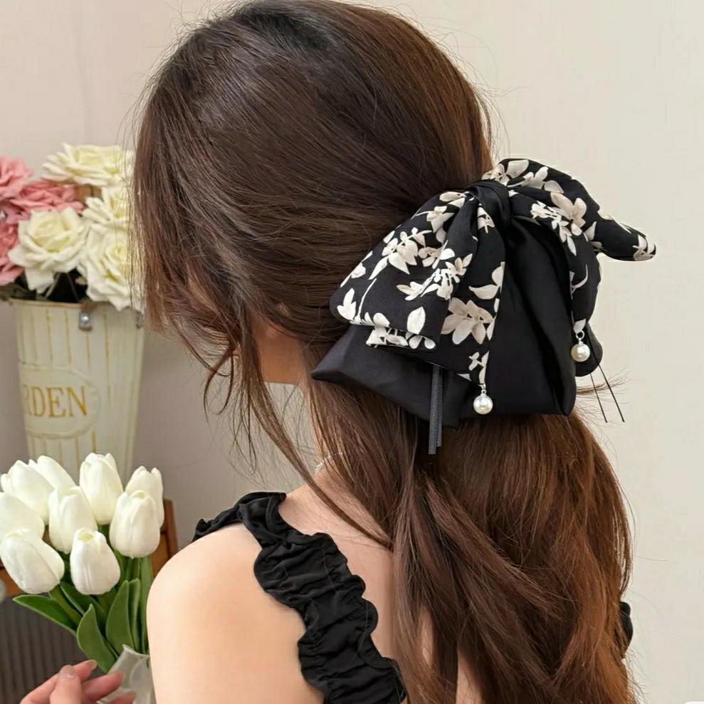 Elegant French Retro Bow Ponytail Clip and Ink Wash Skirt Hair Tie for Women