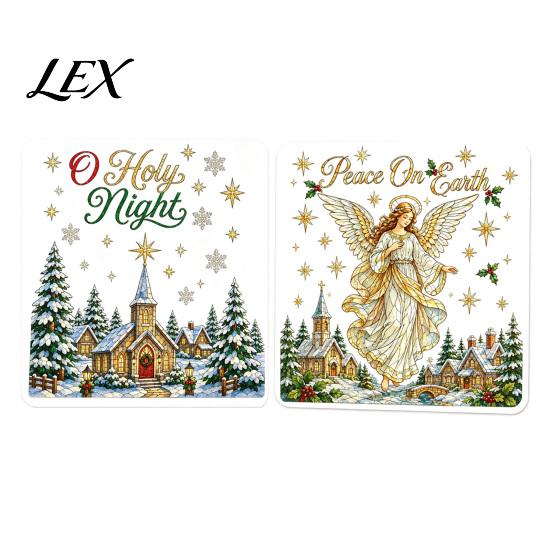 Shopping Mall Christmas Stickers 2Pcs Wall Stickers, Snowy Cottage Tree Self Adhesive Decals, Waterproof PVC Window Clings Snow Scene Holiday