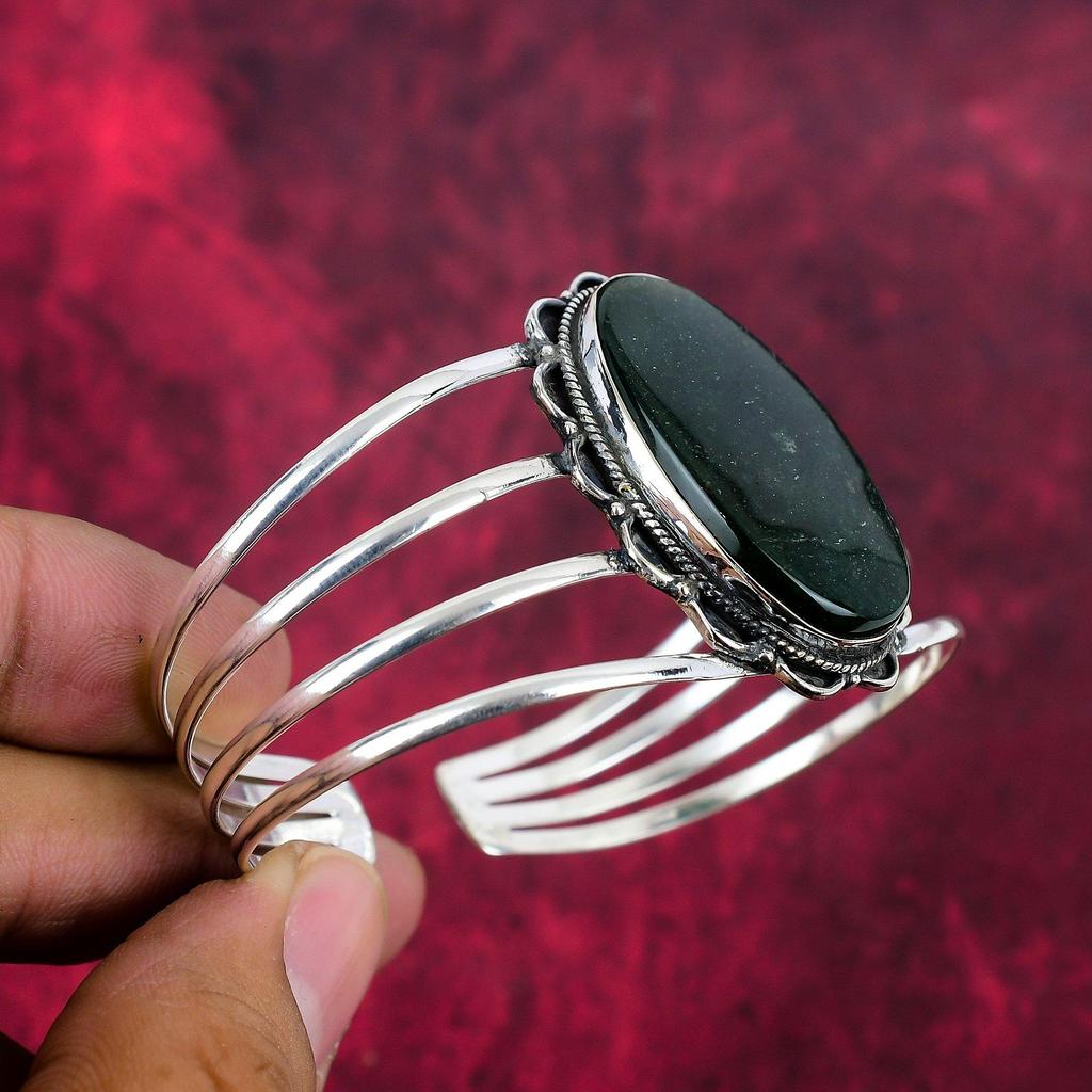 Green Jade Bangle Gemstone Jewelry, 925 Solid Sterling Silver Handmade Bangle, Latest Design Jewelry