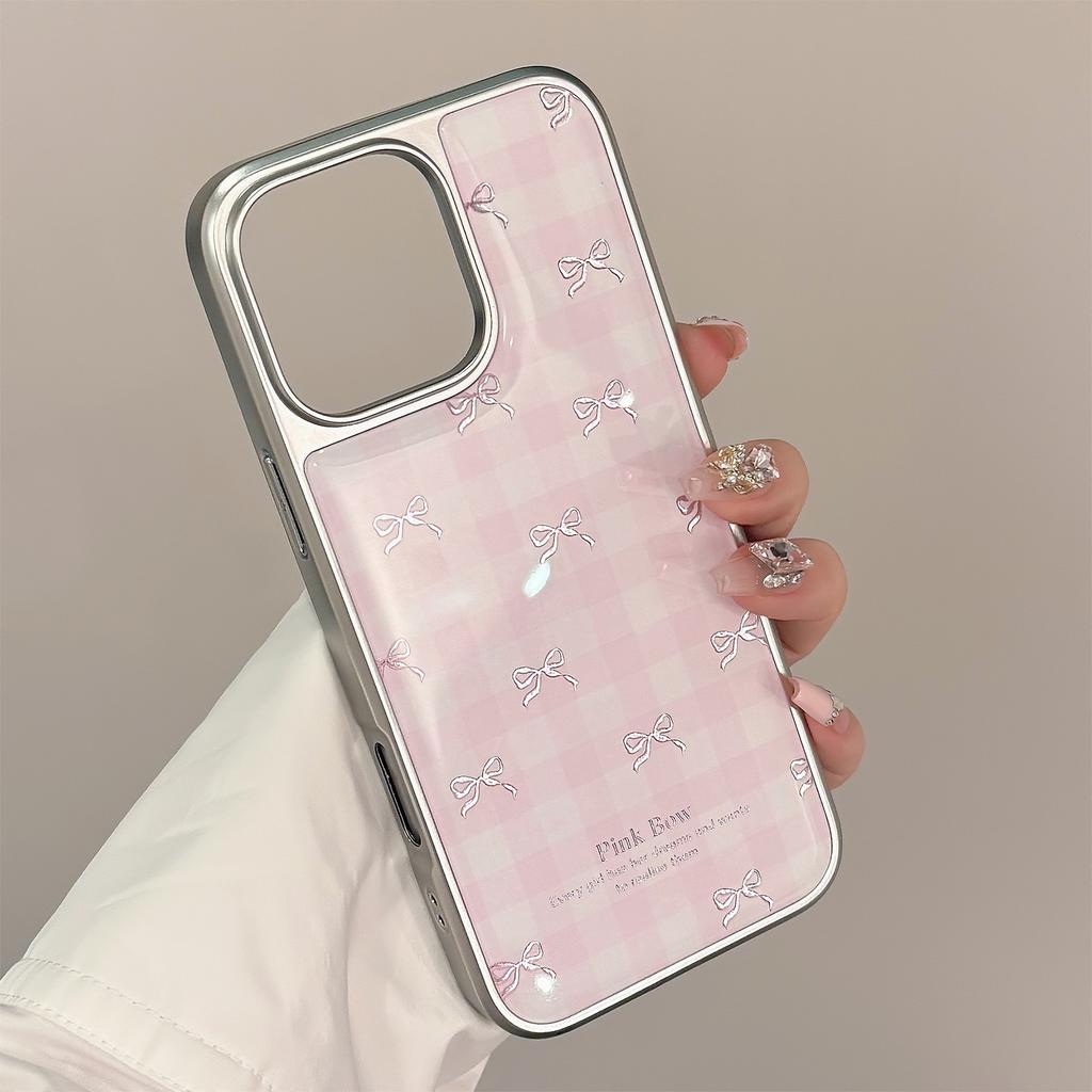 Gilded for Apple 17promax Phone Case for IPhone 16 Pink Grid Bow 13 Plated 14 Hard for Huawei