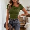 Women's Short-sleeved Asymmetric Collar Pleated Decorative Fitted Blouse Casual T-shirt Top