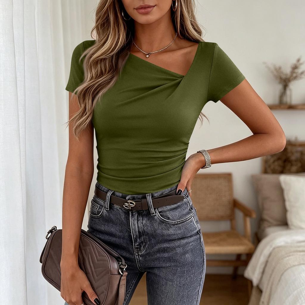 Women's Short-sleeved Asymmetric Collar Pleated Decorative Fitted Blouse Casual T-shirt Top