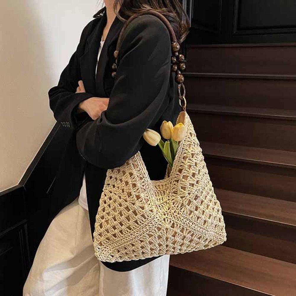 

Beach Handbag Straw Woven Bag Tote Bag Hollow Shoulder Bag Casual Bohemian Beach Bag Holiday хаки