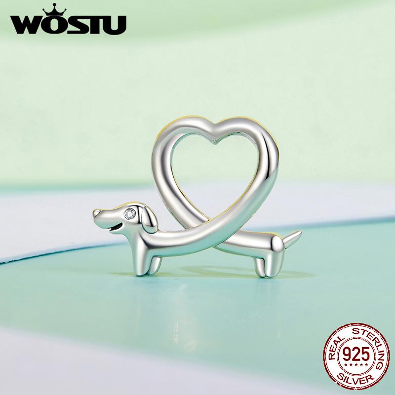 WOSTU 925 Sterling Silver Hollow Cat Dog Charms Bead Cute Pet Paw Dachshund Pendant Fit Original Bracelet Neckalce DIY Girl Gift