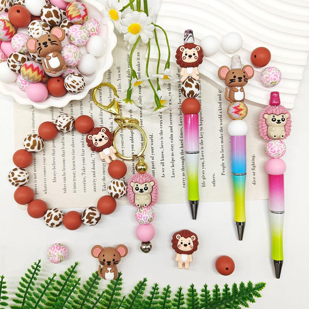 25/55PCS Mouse Hedgehog Lion Silicone Bead Set, perfect for DIY handmade crafts such as keychains, necklaces, bracelets, etc