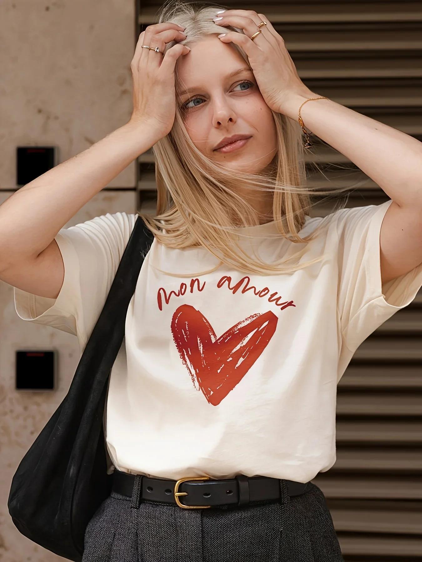 

Graphic Print Perfect for Spring and Summer WomenS Casual RoundNeck TShirt with Red Heart Streetwear Short Sleeves Tops Tees S