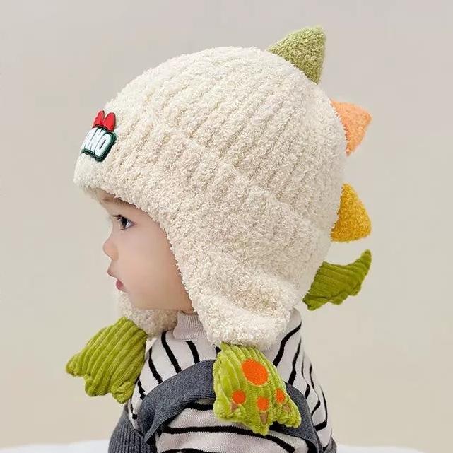 Winter Kids' Thickened Ear-Warming Windproof Fleece-Lined Beanie Cute 3D Dinosaur Knit Beanie